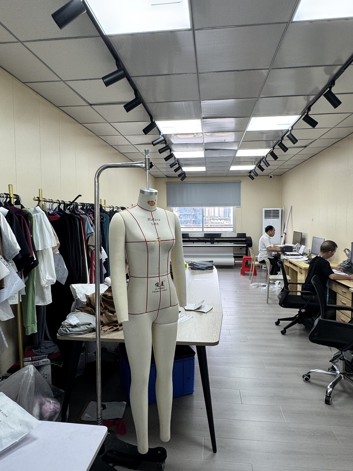 Pattern room with dress form and sampling table